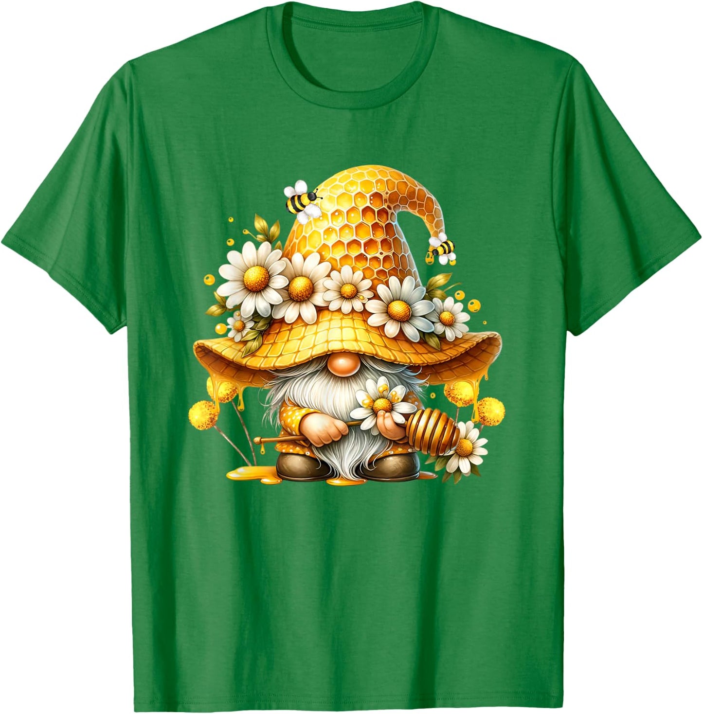 Unique Hippie Gnome Graphic With Daisy Flower And Honey Bees T-Shirt - T-Shirt | Irish Green