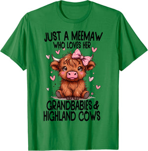 Just a MEEMAW loves her GRANDBABIES & HIGHLAND COWS Graphic T-Shirt - T-Shirt | Irish Green