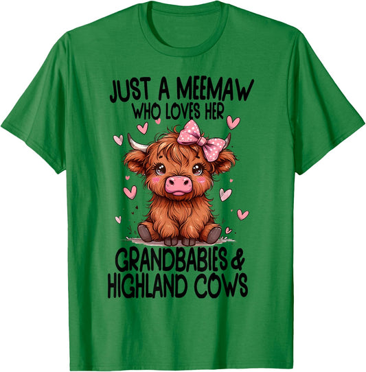 Just a MEEMAW loves her GRANDBABIES & HIGHLAND COWS Graphic T-Shirt - T-Shirt | Irish Green