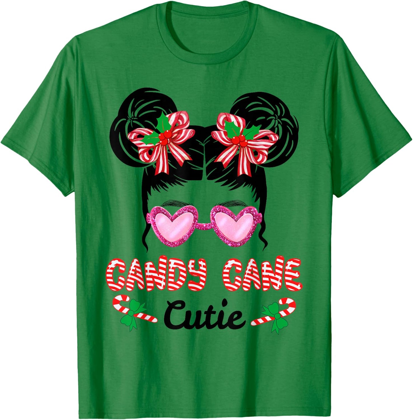Christmas Candy Cane Cutie Messy Bun Girls Kids Xmas Pajama T-Shirt - T-Shirt | Irish Green