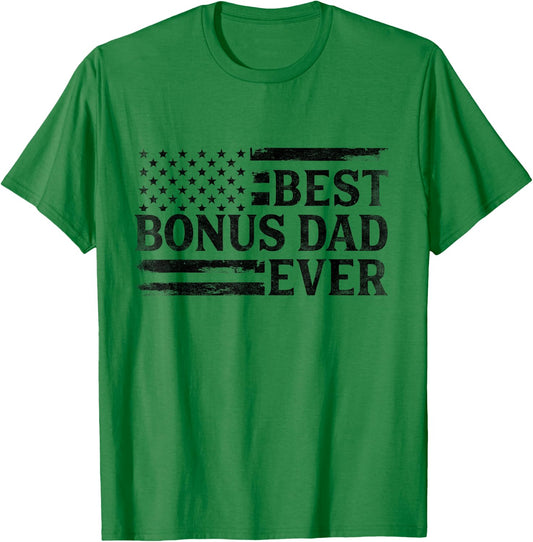 Best Bonus Dad Ever Black Vintage USA Flag Father's Day T-Shirt - T-Shirt | Irish Green