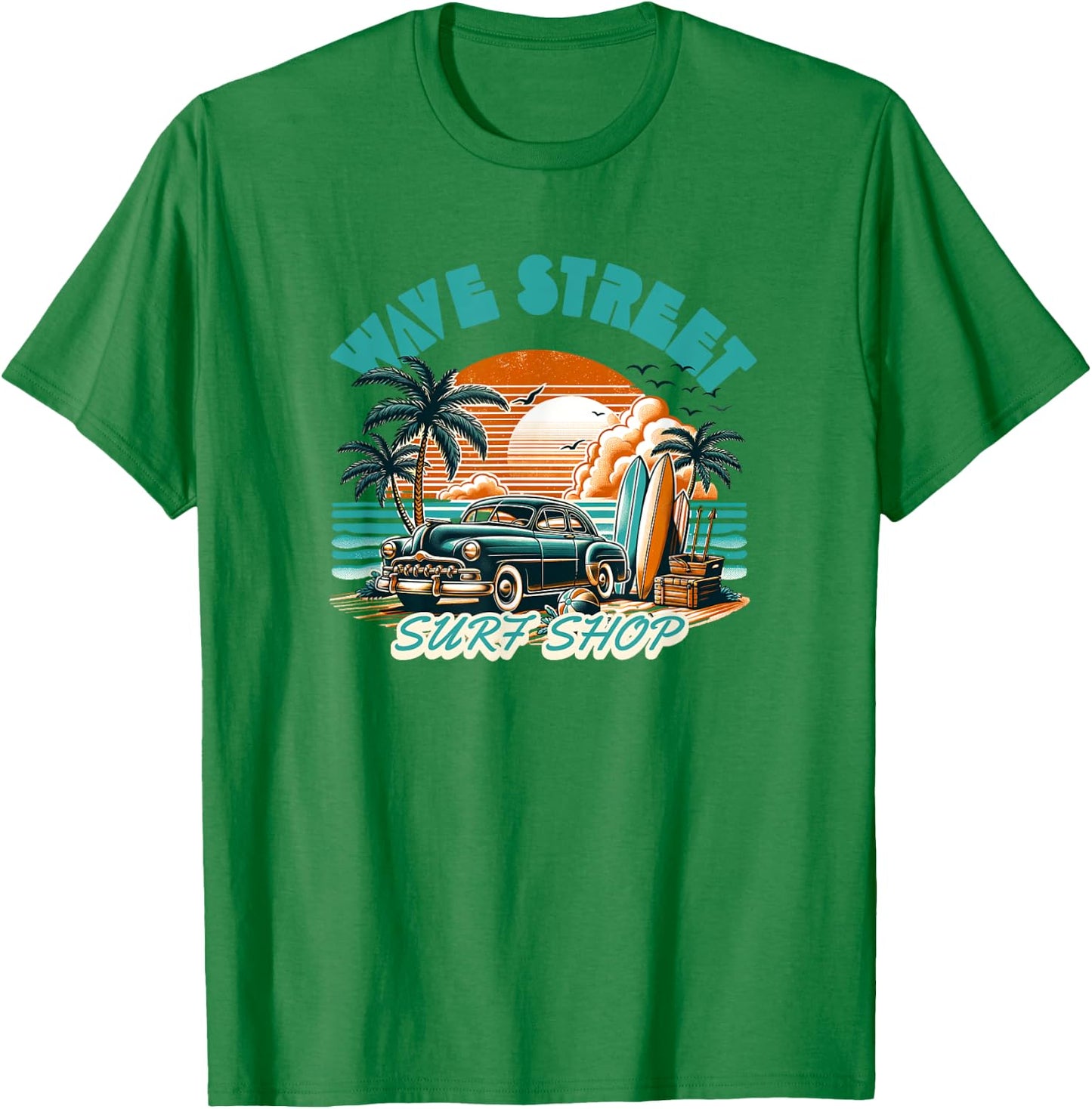 Wave Street Retro Vacation Beach Surfing Vintage Sunset Men Women Girls Kids T-Shirt - T-Shirt | Irish Green