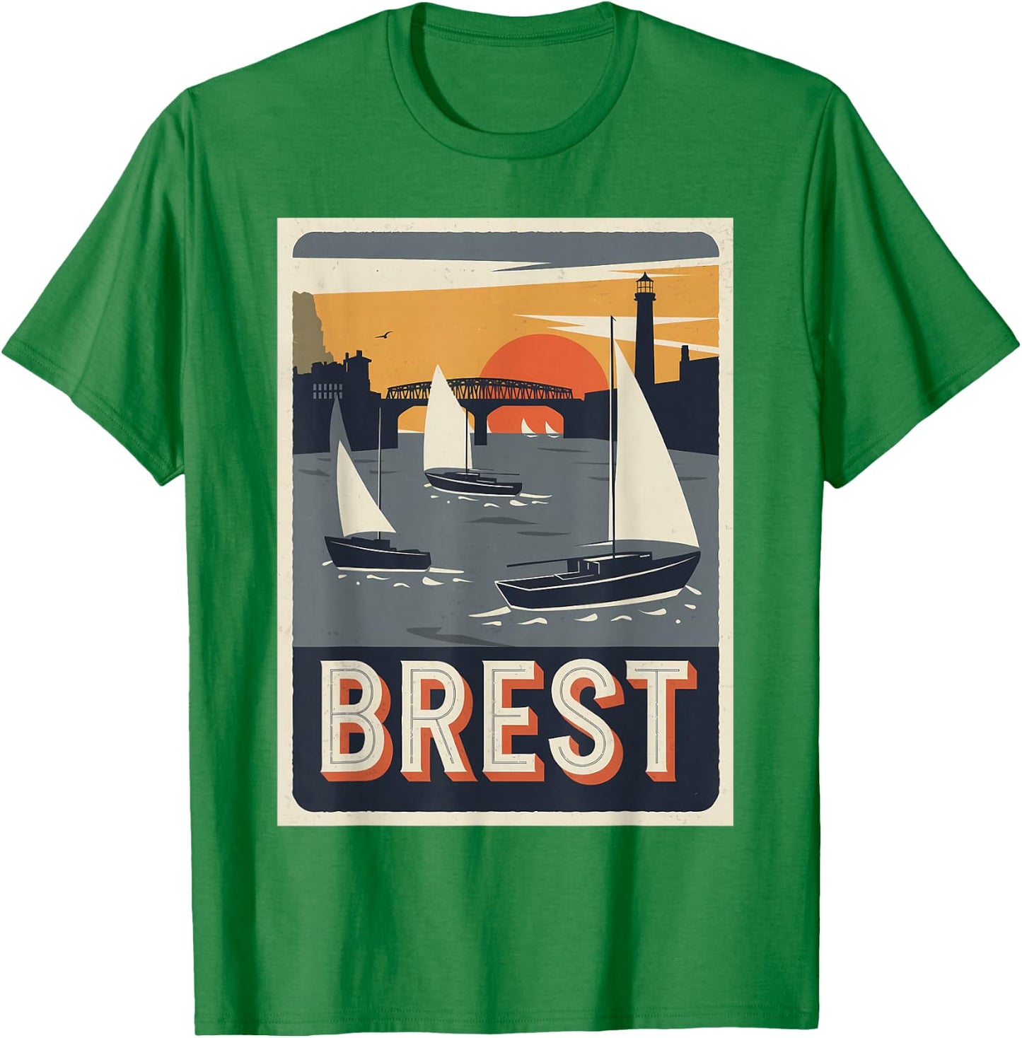 Vintage Poster Brest Sunset Sailing T-Shirt - T-Shirt | Irish Green