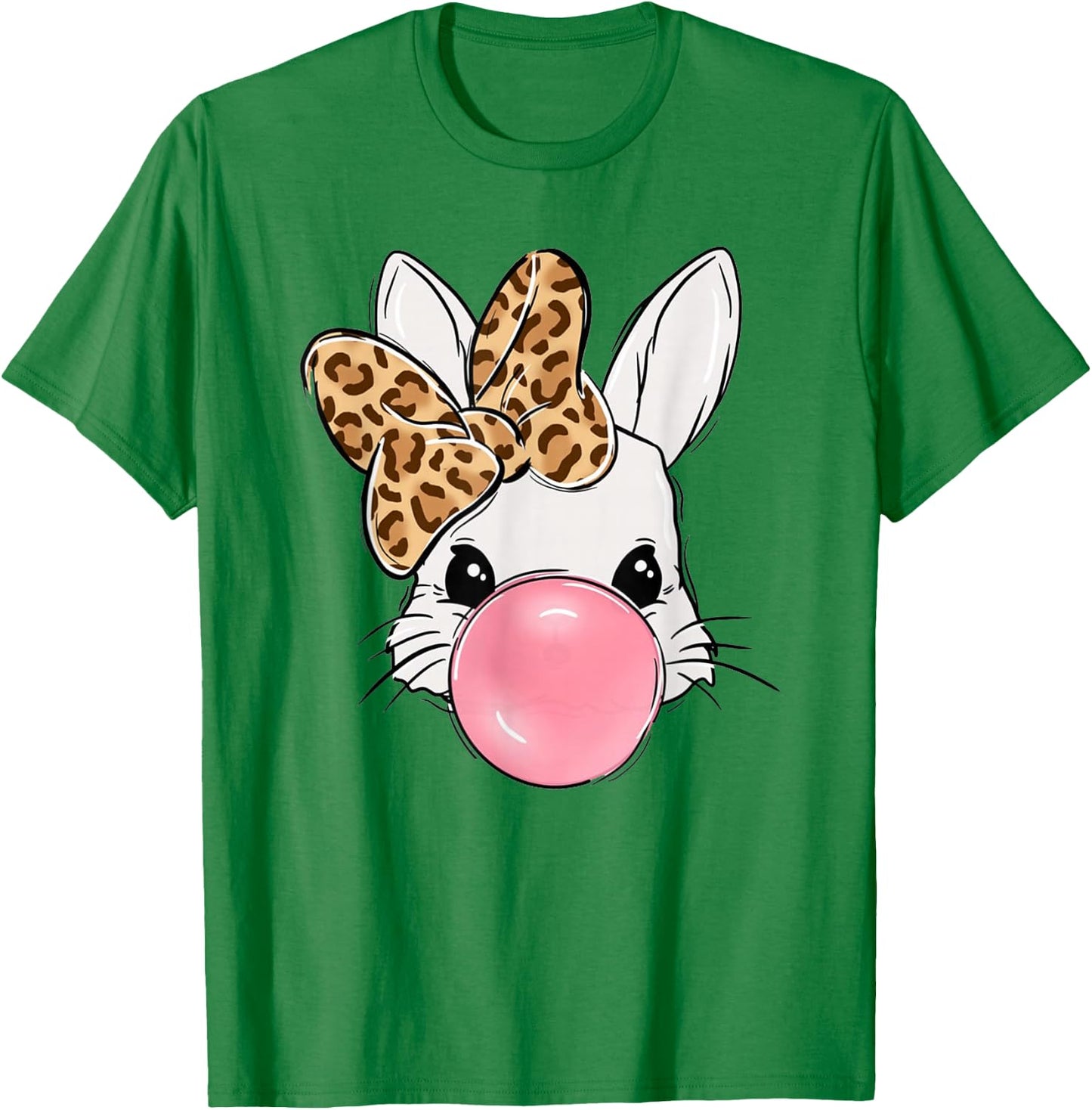 Cute Bunny Face with Leopard Bow Bubblegum Easter Day Girls T-Shirt - T-Shirt | Irish Green
