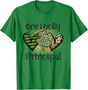 One Lucky Principal St Patricks Day Leopard Shamrock School T-Shirt - T-Shirt | Irish Green