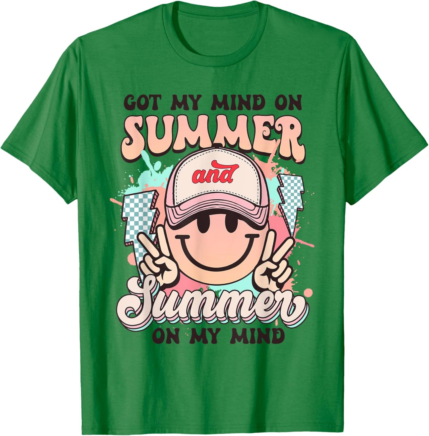 Groovy Happy Face Summer Vibes Got My Mind On Summer Teacher T-Shirt - T-Shirt | Irish Green