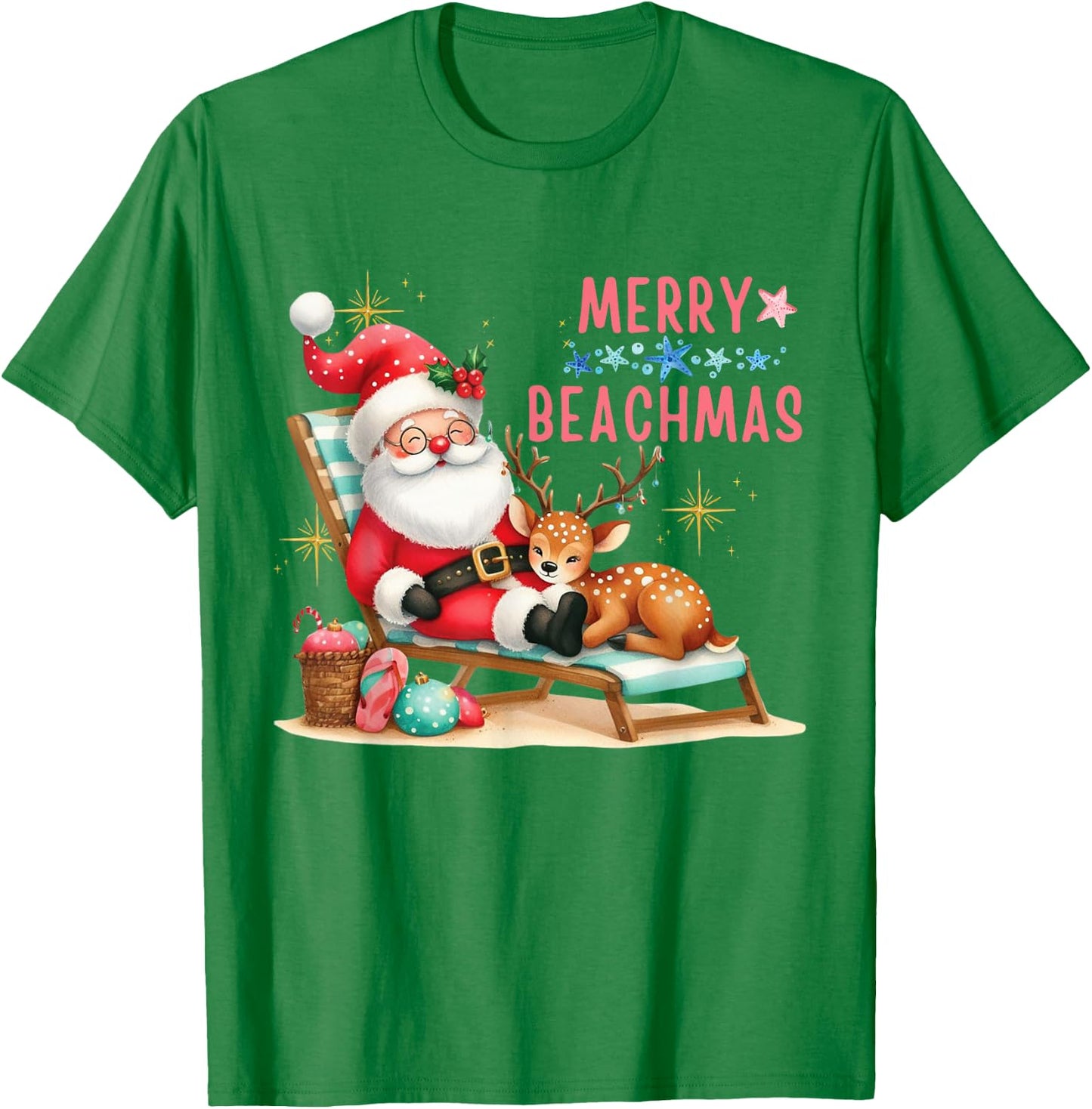 Merry Beachmas Hawaiian Coastal Christmas Cute Santa Beach T-Shirt - T-Shirt | Irish Green