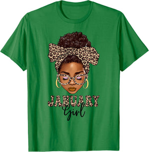 January Girls Messy Bun Leopard Black Women Birthday T-Shirt - T-Shirt | Irish Green