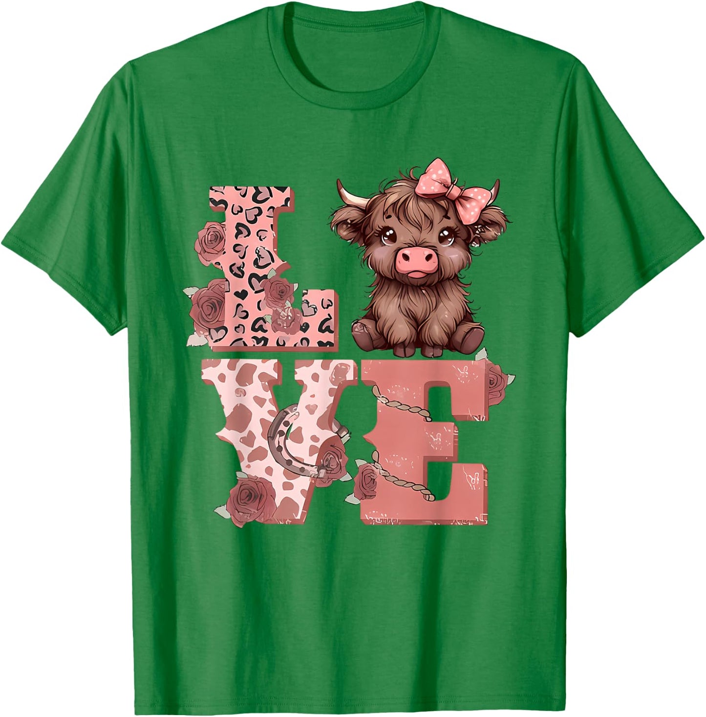 Valentine Highland Cow Love Animal Cute Cow Heart Bandana T-Shirt - T-Shirt | Irish Green