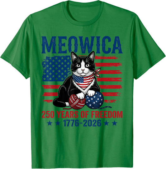 Meowica 250 America Years of Freedom 1776 2026 Tuxedo Cat T-Shirt - T-Shirt | Irish Green