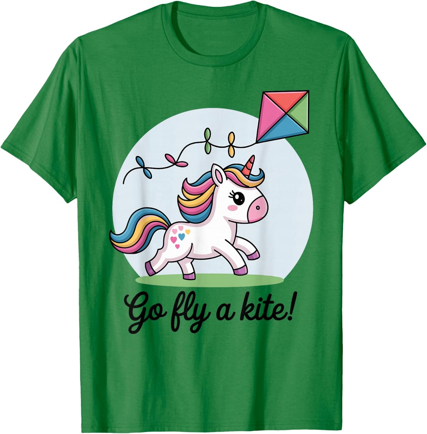 Go fly a kite! Cute Happy Unicorn Flying Kite T-Shirt - T-Shirt | Irish Green