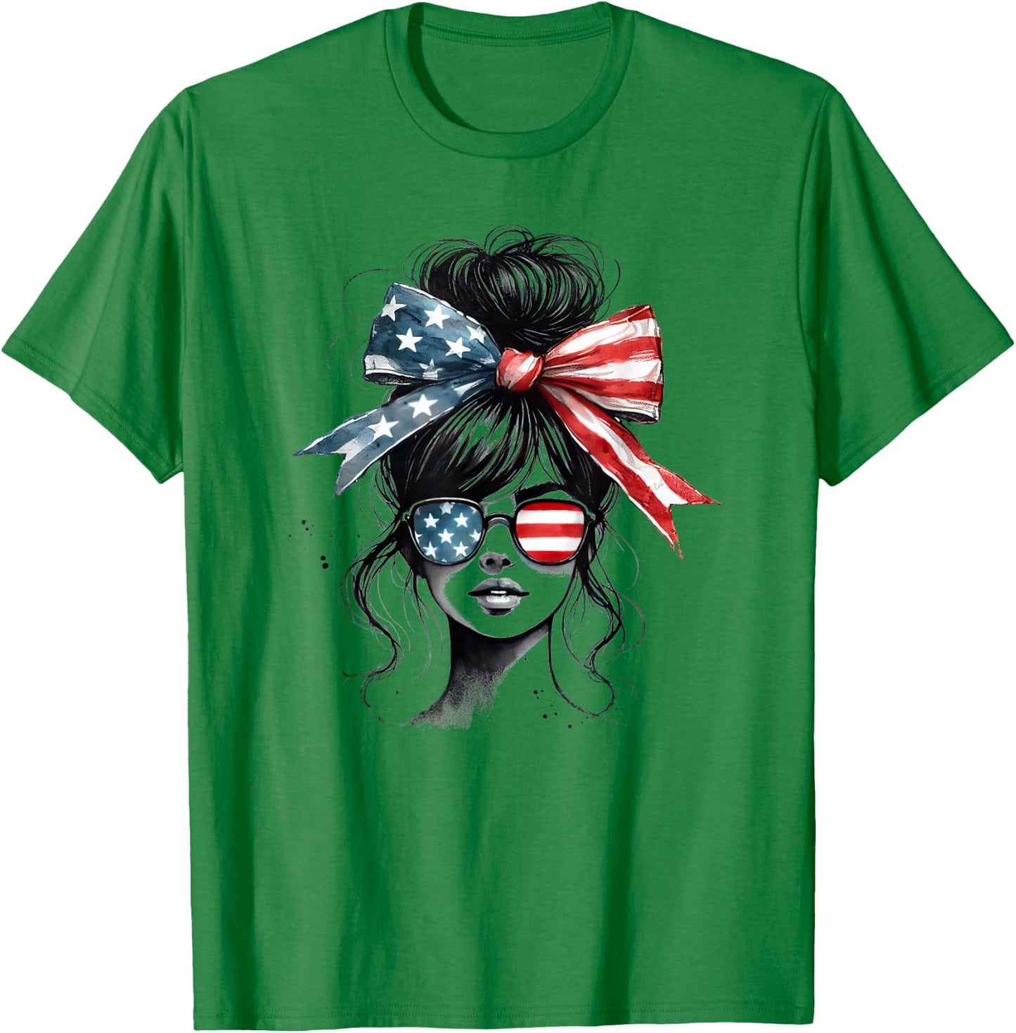 Messy Bun Girl Wearing Sunglasses American Flag T-Shirt - T-Shirt | Irish Green