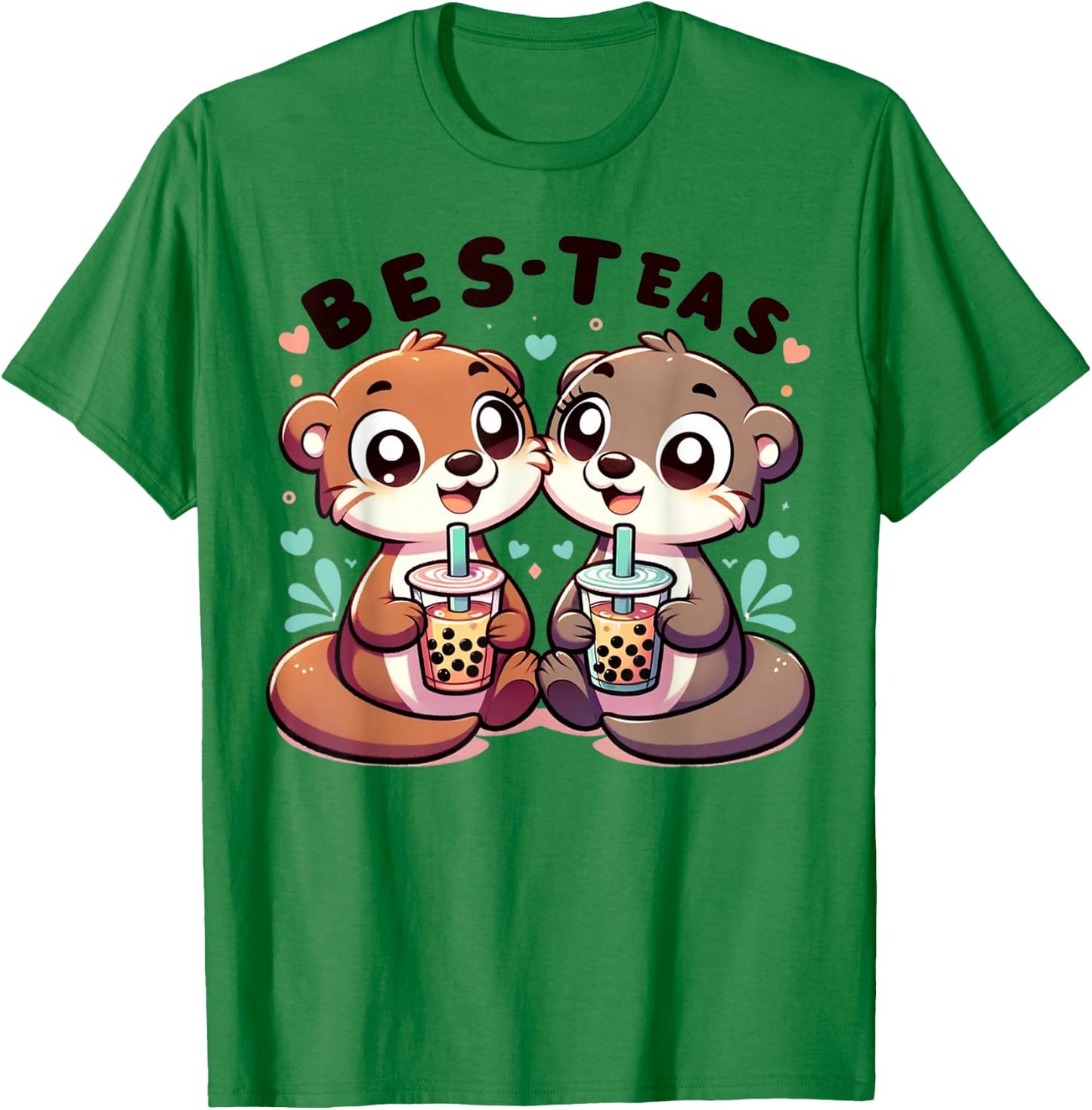 Kawaii River Otter Friends Enjoying Boba Tea Bes-Teas Bestie T-Shirt - T-Shirt | Irish Green