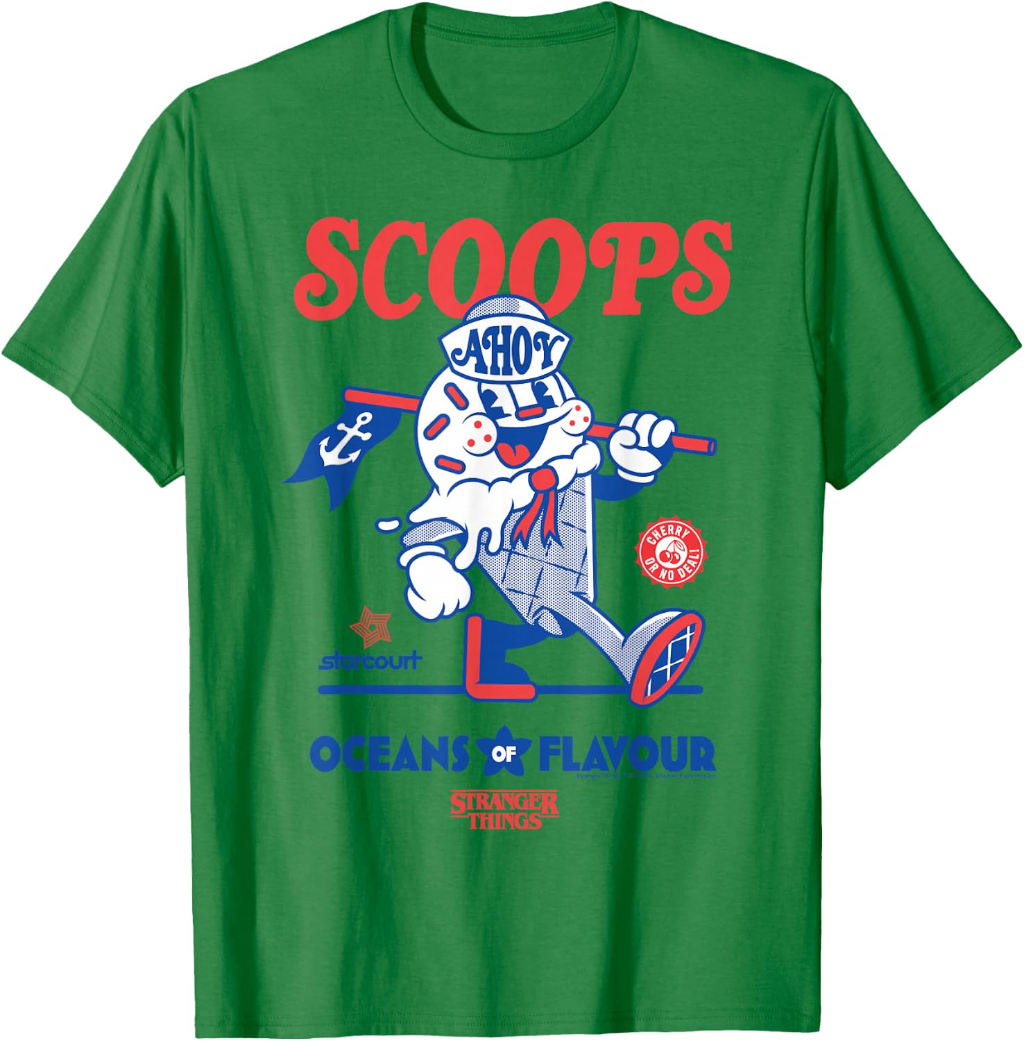 Stranger Things Scoops Ahoy Ice Cream Shop in Red/Blue , White T-Shirt - T-Shirt | Irish Green