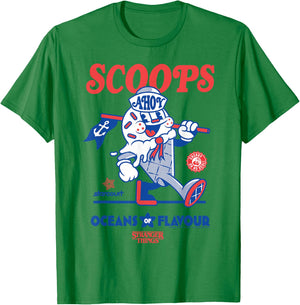 Stranger Things Scoops Ahoy Ice Cream Shop in Red/Blue , White T-Shirt - T-Shirt | Irish Green