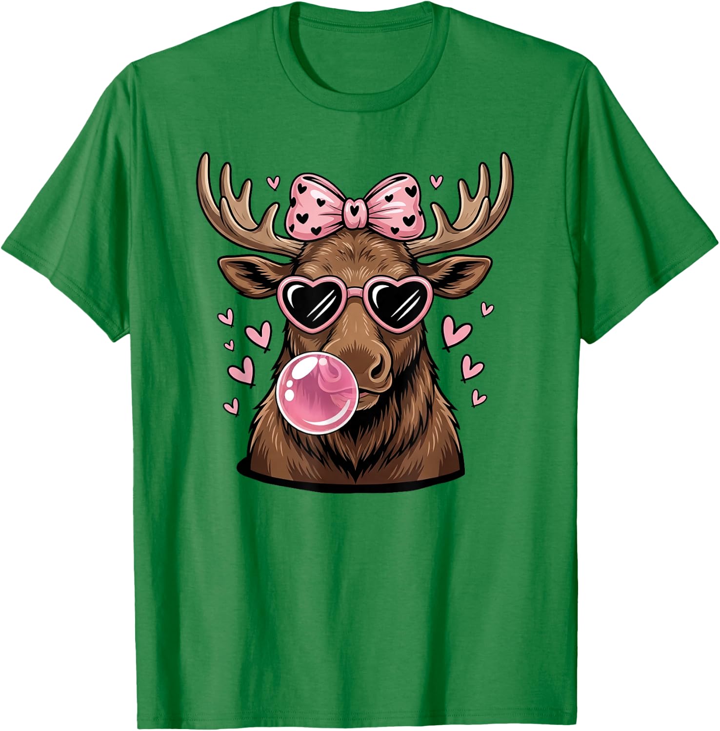Moose Wearing Sunglasses Moose Bubble Gum Pink Coquette Bow T-Shirt - T-Shirt | Irish Green