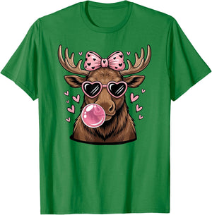 Moose Wearing Sunglasses Moose Bubble Gum Pink Coquette Bow T-Shirt - T-Shirt | Irish Green