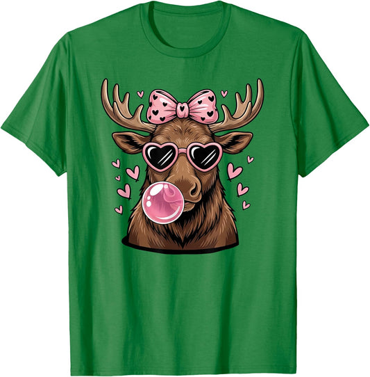 Moose Wearing Sunglasses Moose Bubble Gum Pink Coquette Bow T-Shirt - T-Shirt | Irish Green