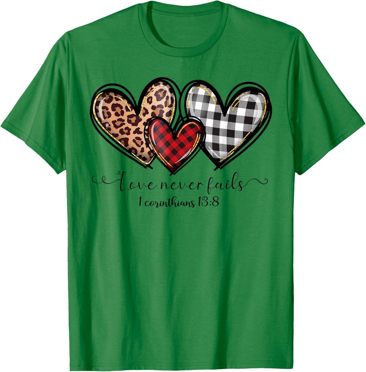 Love Never Fails Buffalo Leopard Red Plaid Print Heart Women T-Shirt - T-Shirt | Irish Green