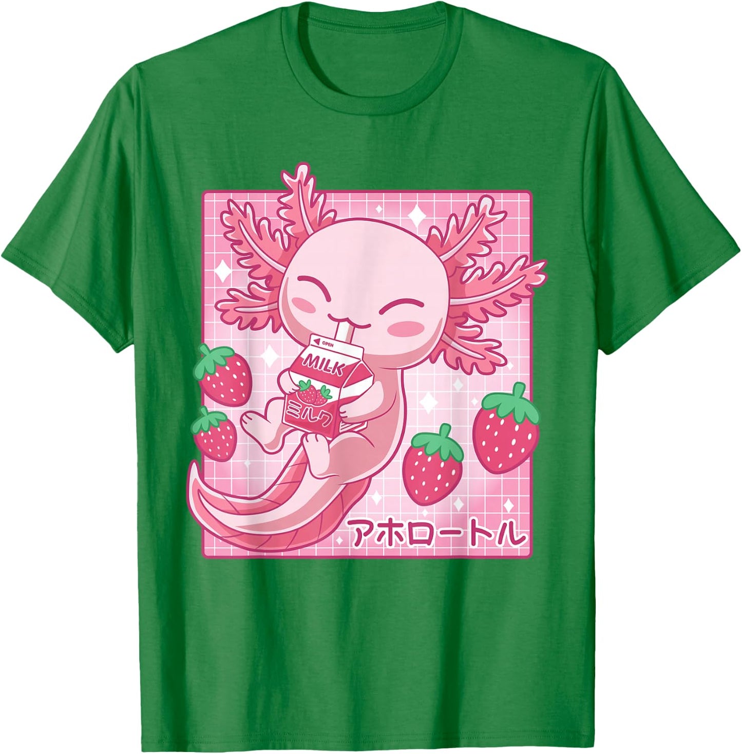 Kawaii Axolotl Strawberry Milk Shake Japanese Anime Pink T-Shirt - T-Shirt | Irish Green