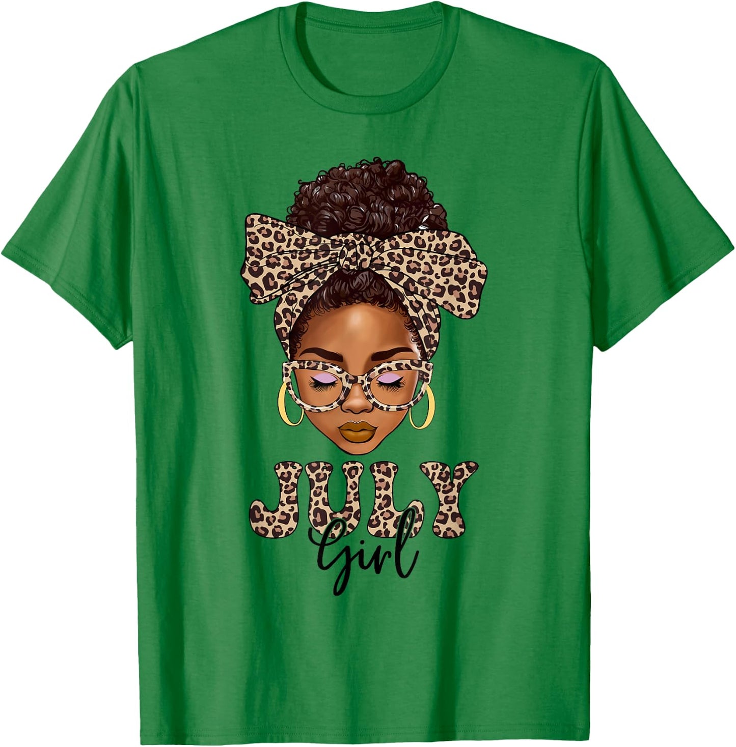 July Girls Messy Bun Leopard Black Women Birthday T-Shirt - T-Shirt | Irish Green