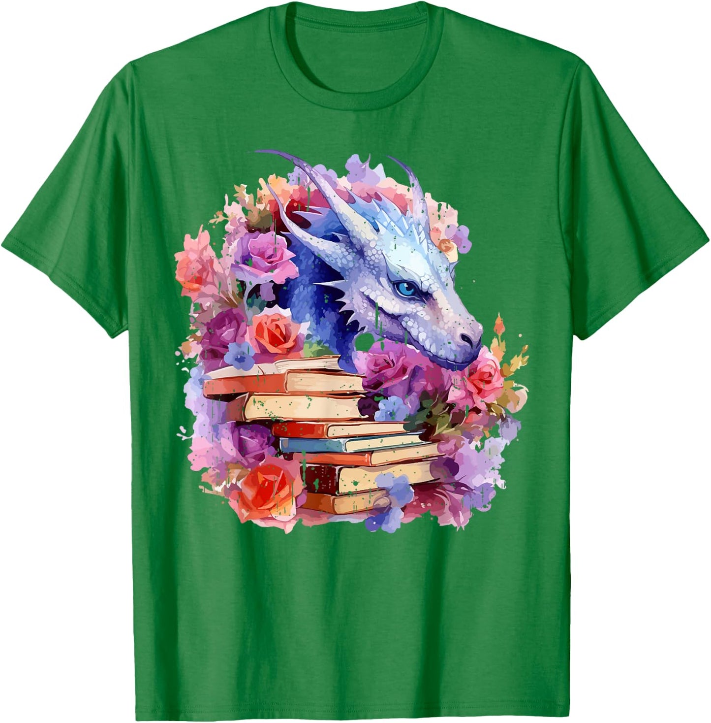 Dragons and Books Watercolor Flowers Fantasy Dragon Lover T-Shirt - T-Shirt | Irish Green