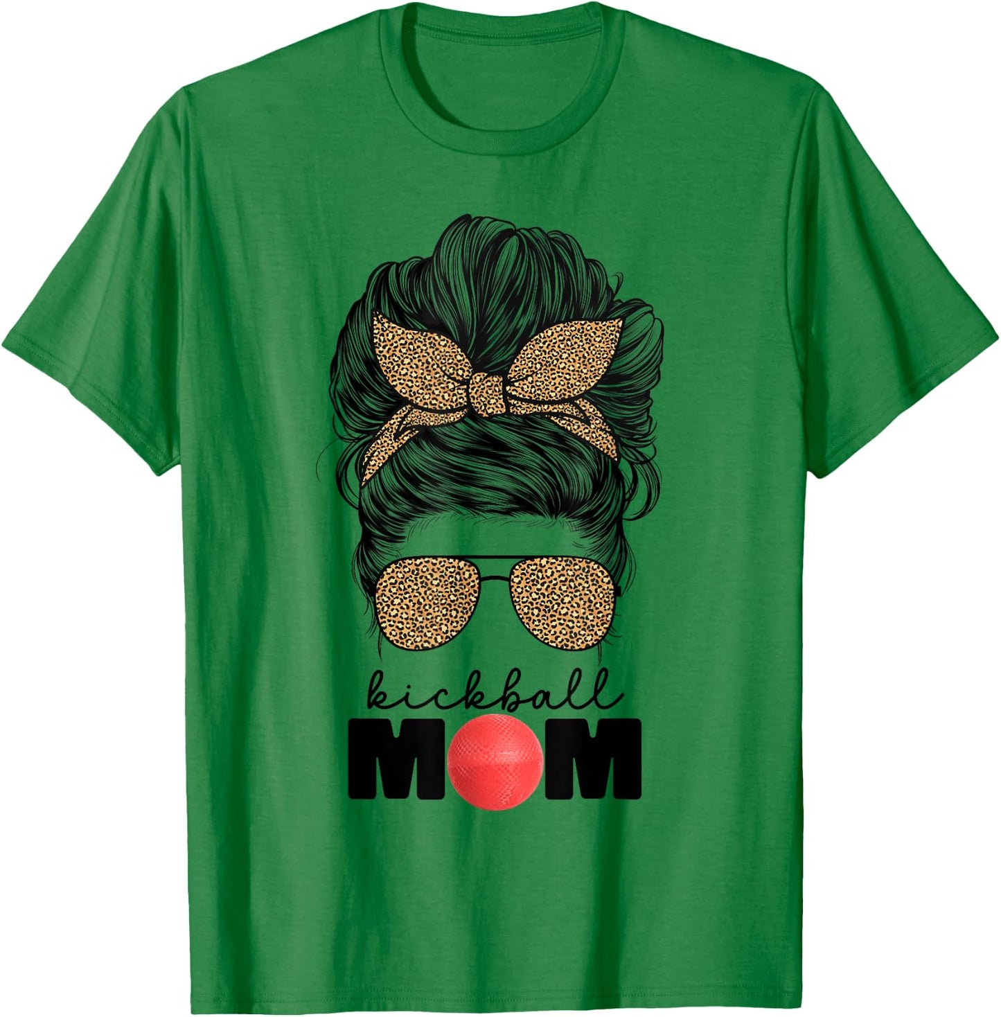 Kickball Mom Funny Leopard Messy Bun Kickball Mom T-Shirt - T-Shirt | Irish Green