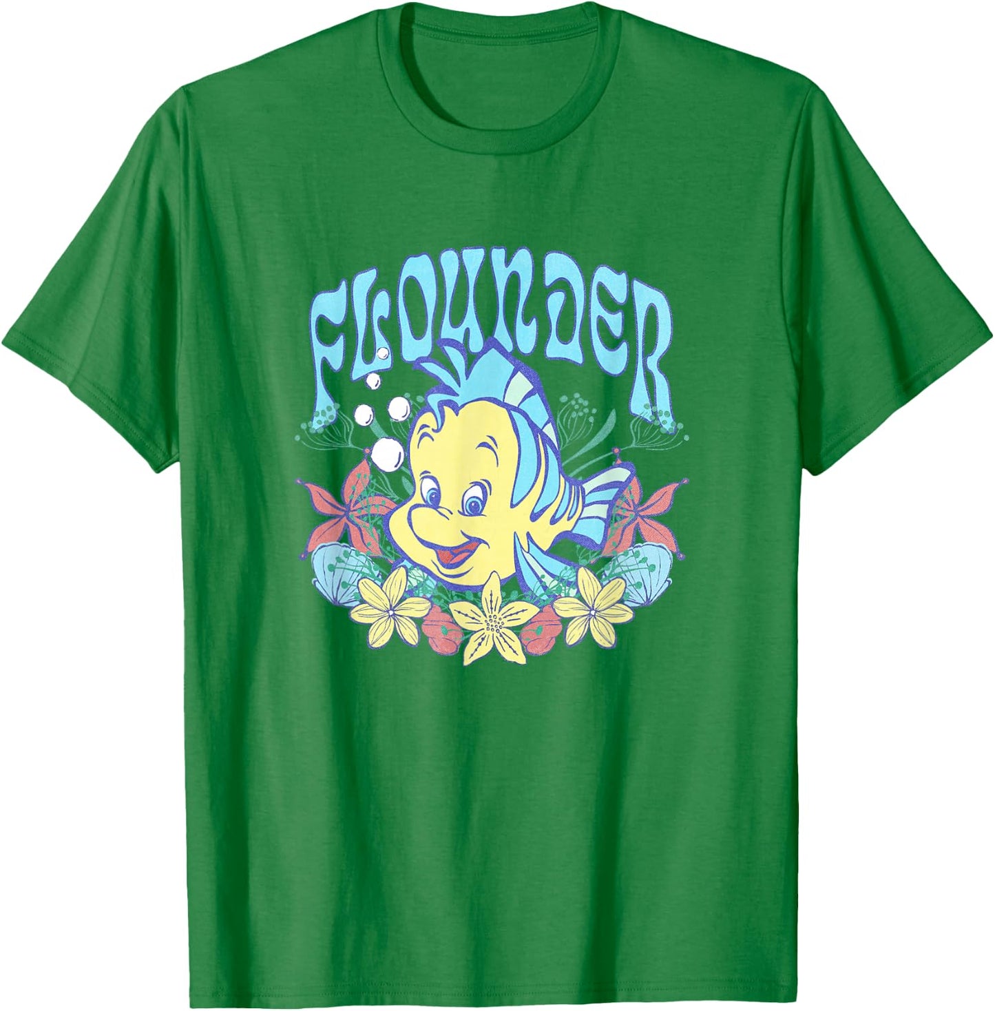 Disney The Little Mermaid Cute Flounder Floral Chest Poster T-Shirt - T-Shirt | Irish Green