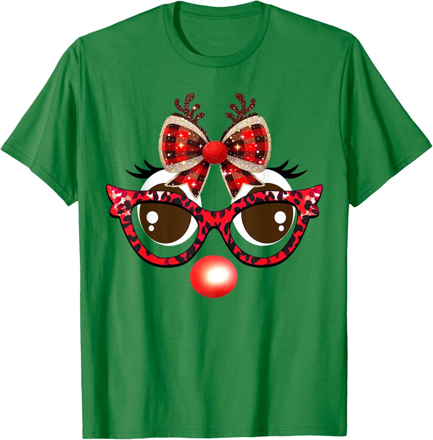Funny Reindeer Face Leopard Sunglasses Plaid Christmas Light T-Shirt - T-Shirt | Irish Green