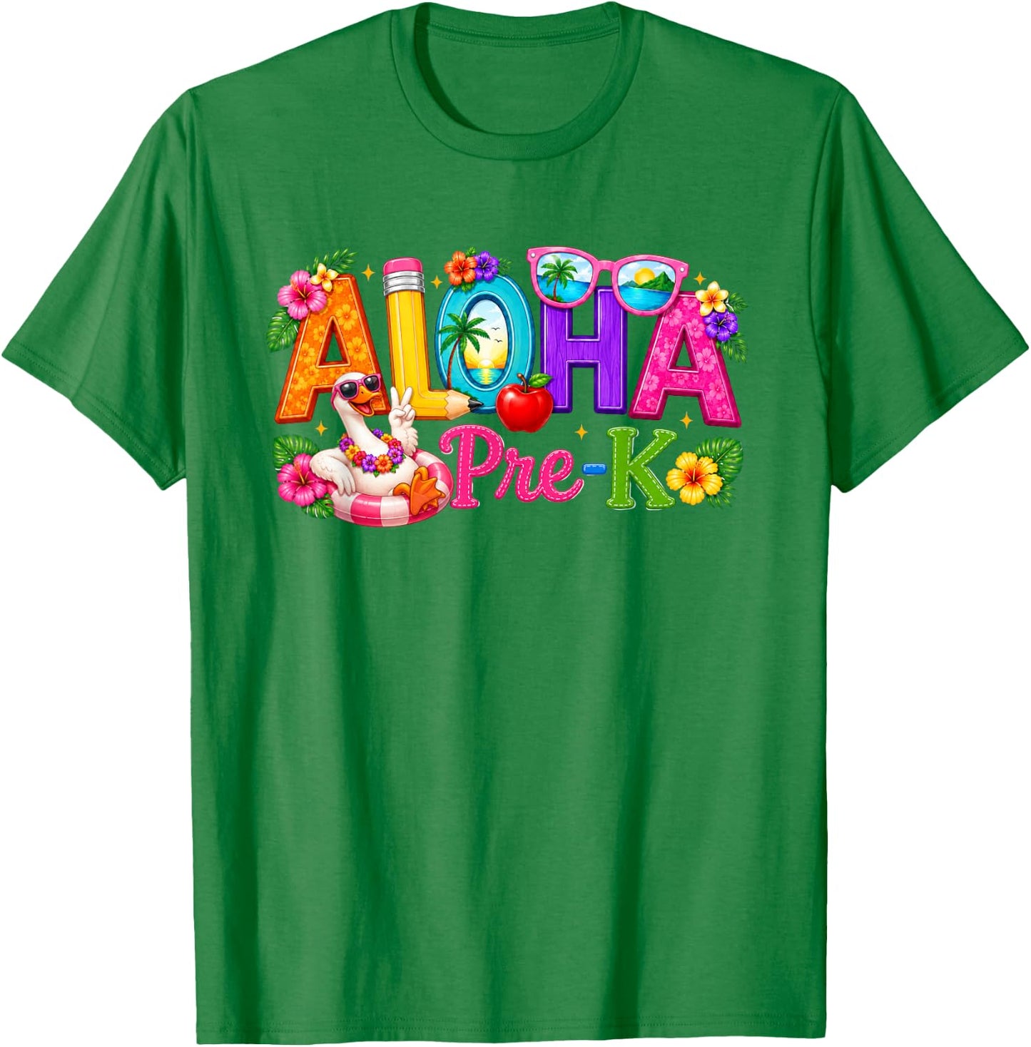 Aloha Pre-K Tropical Floral Beach Silly Goose Back to School T-Shirt - T-Shirt | Irish Green