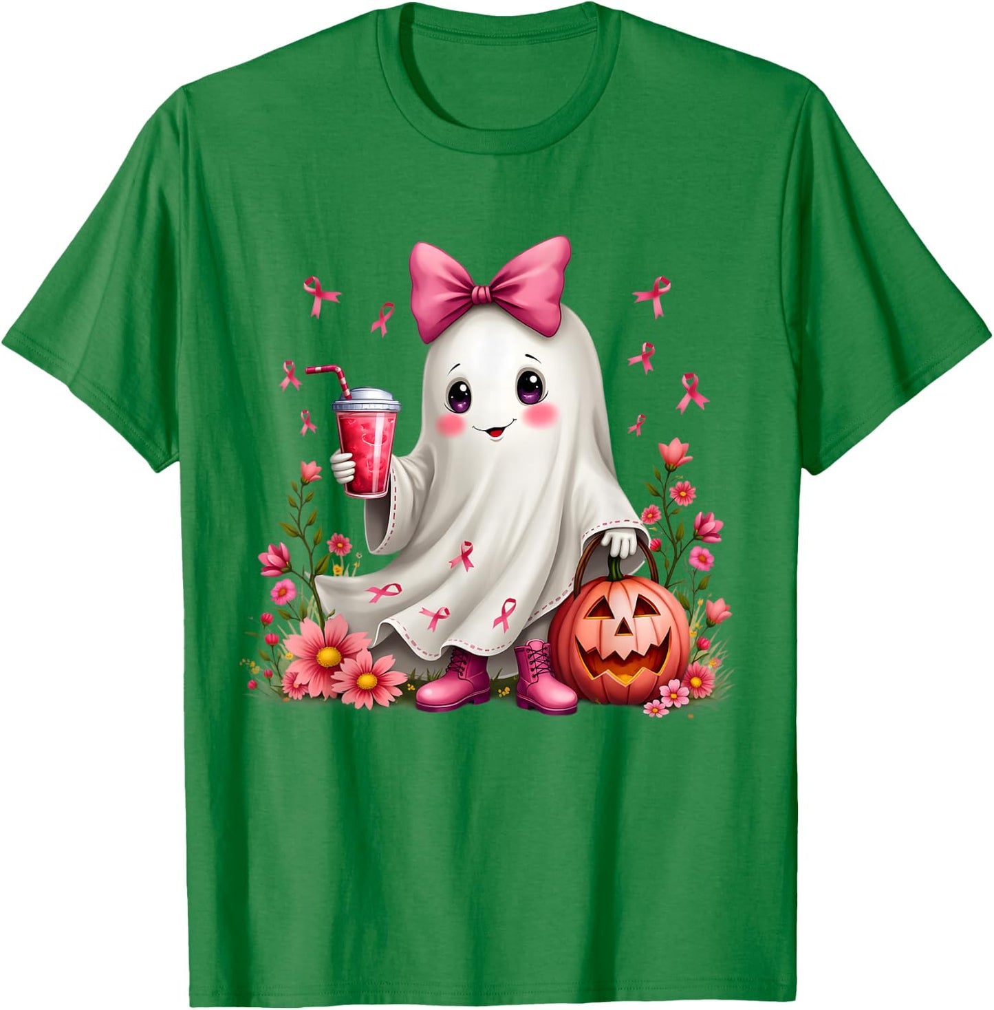 In October We Wear Pink Ghost Breast Cancer Awareness T-Shirt - T-Shirt | Irish Green