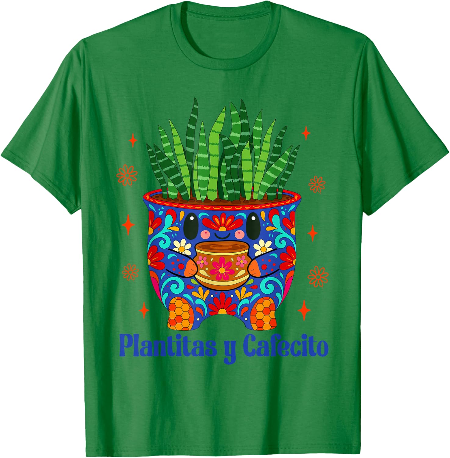 Coffee & Plant Lover Mexican Talavera Plantitas Y Cafecito T-Shirt - T-Shirt | Irish Green