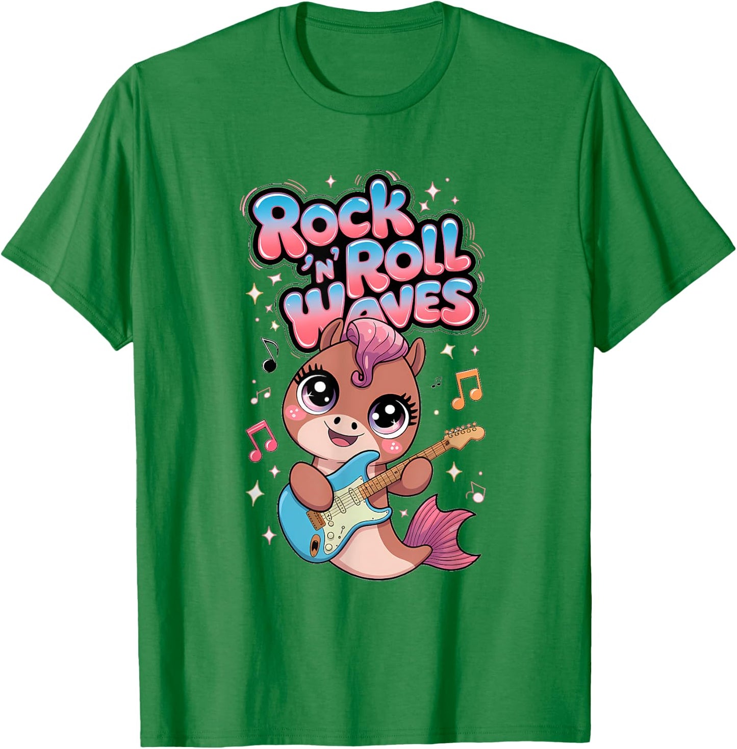 Kawaii Rock 'n Roll Waves Musical Sea Horse Design T-Shirt - T-Shirt | Irish Green