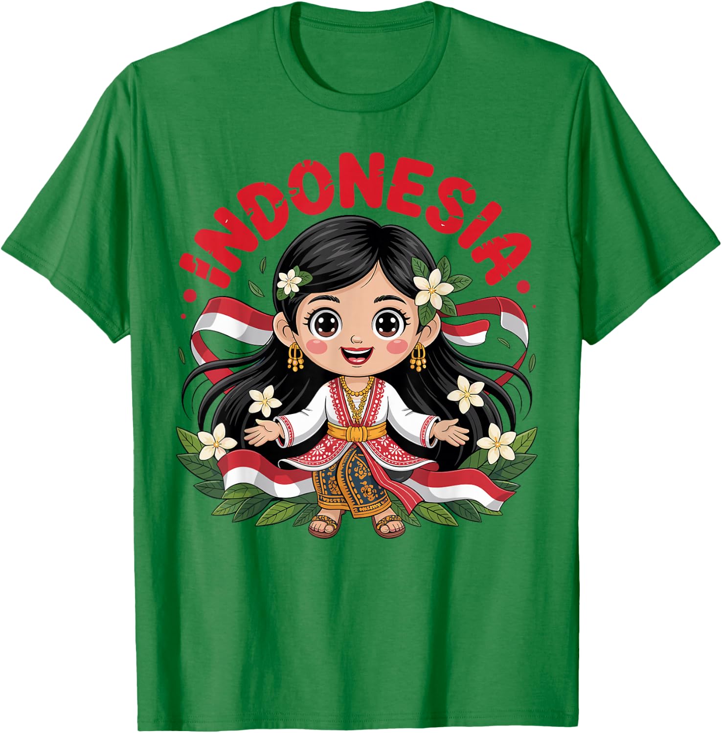 Cute Indonesian Girl in Traditional Batik Dress for Kids T-Shirt - T-Shirt | Irish Green