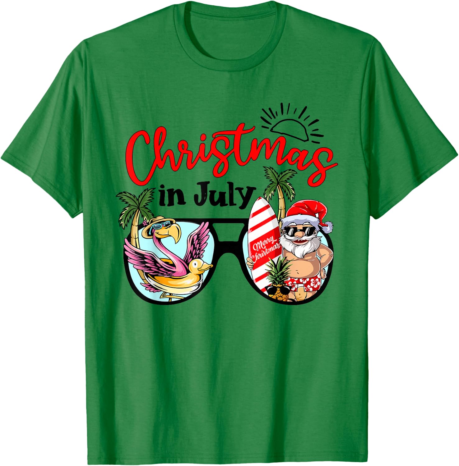 Christmas In July Sunglasses Santa Flamingo Summer Vacation T-Shirt - T-Shirt | Irish Green