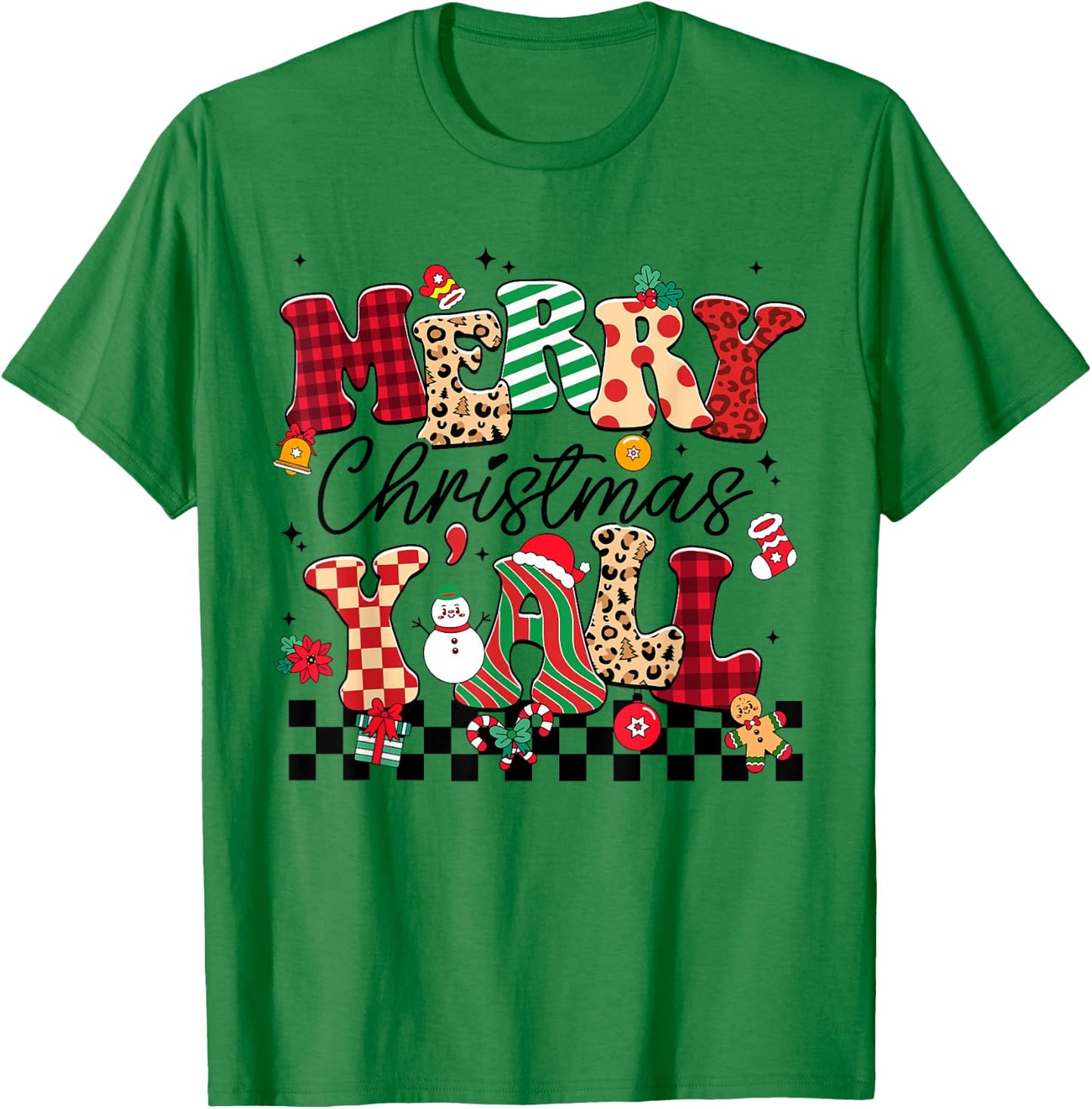 Family 2024 Merry Christmas Y'All Buffalo Plaid Red Pajamas T-Shirt - T-Shirt | Irish Green
