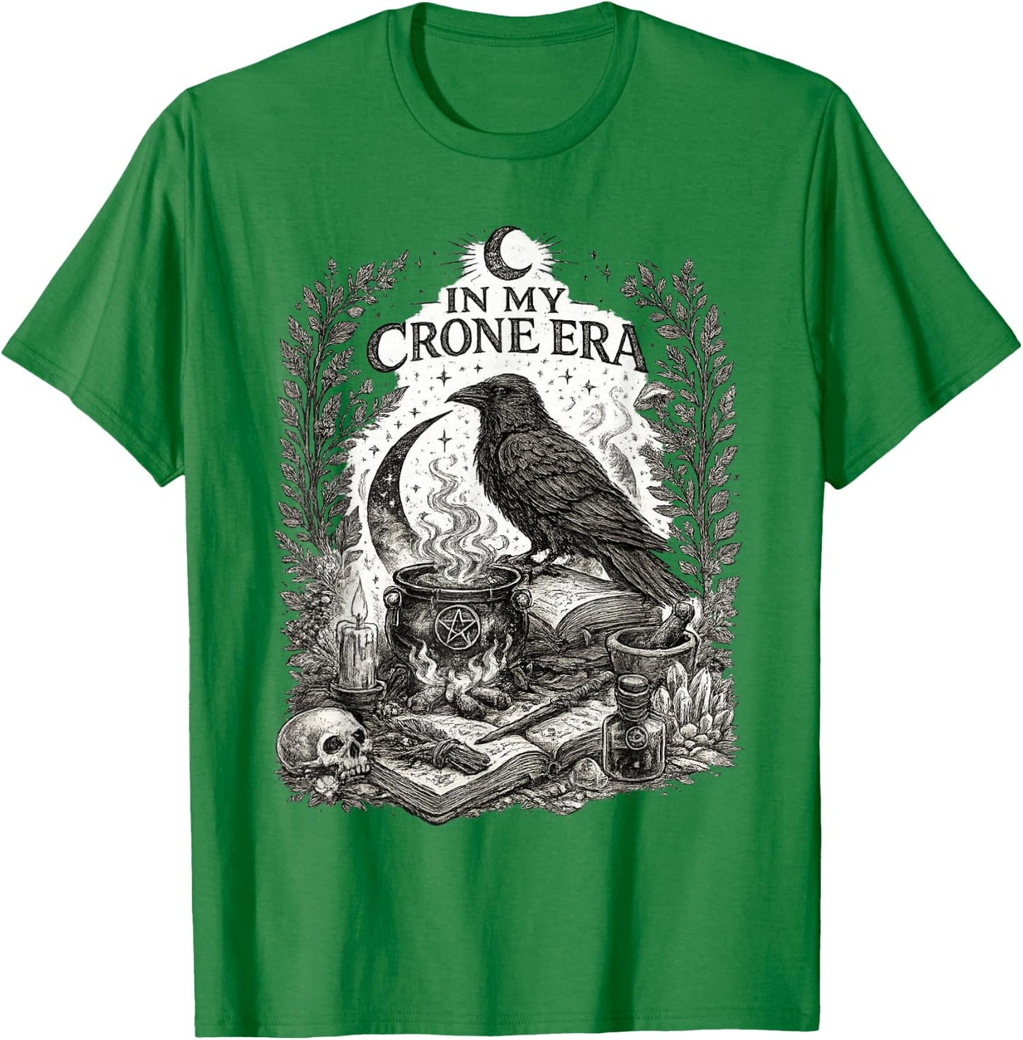 in My Crone Era Witchy Raven Cauldron Goth Witch T-Shirt - T-Shirt | Irish Green