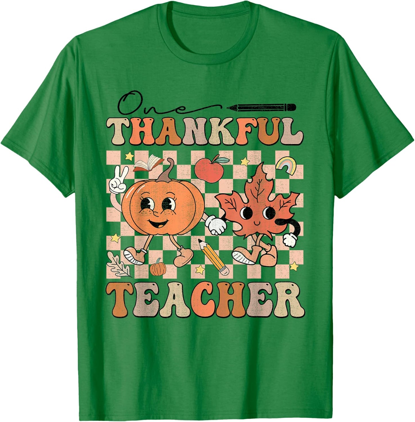 One Thankful Teacher Thanksgiving Groovy Fall Autumn Teacher T-Shirt - T-Shirt | Irish Green