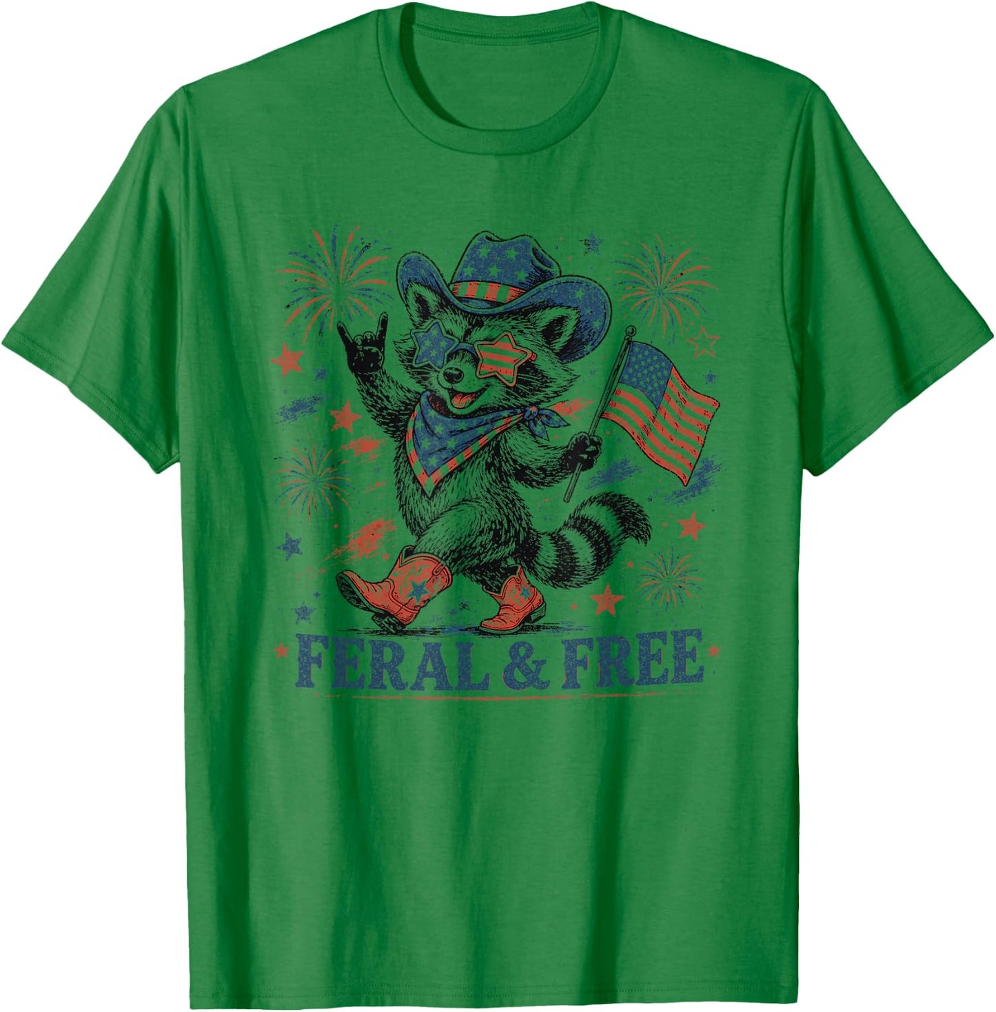 4th of July Feral and Free Patriotic Raccoon Cowboy T-Shirt - T-Shirt | Irish Green
