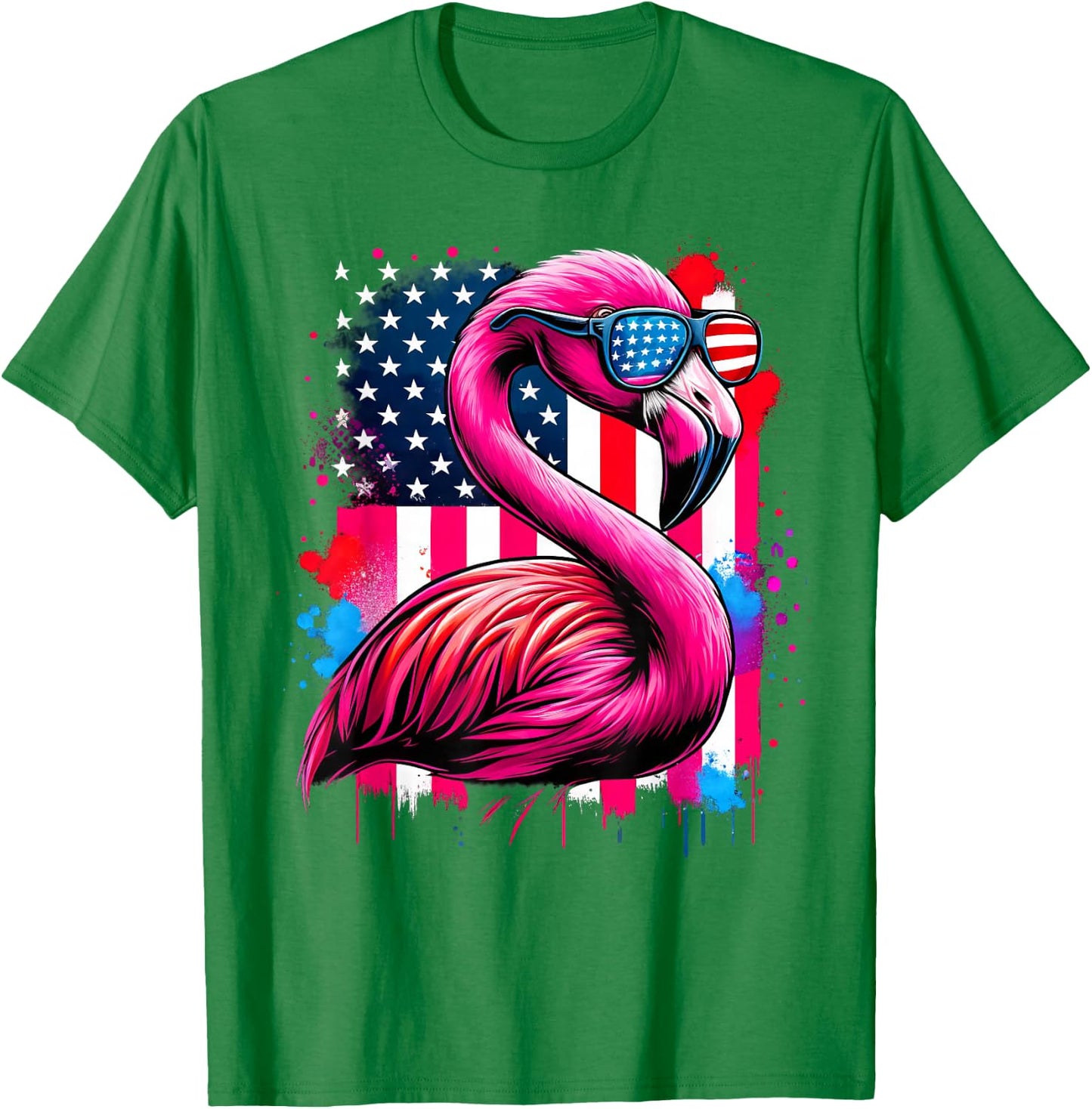 Pink Flamingo USA Flag 4th of July Sunglasses Patriotic T-Shirt - T-Shirt | Irish Green