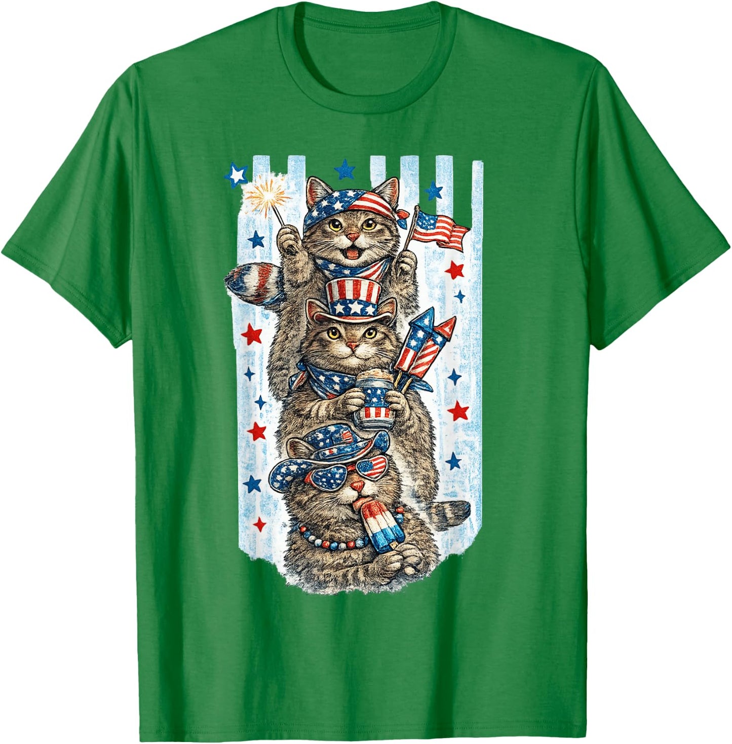 Funny USA Party Cats Vintage Patriotic Animal Fireworks T-Shirt - T-Shirt | Irish Green