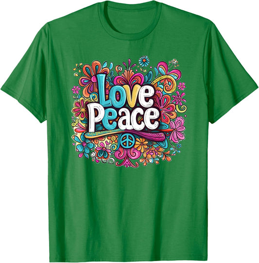 Love and Peace Hippie Flowers Hippy 60s 70s , White T-Shirt - T-Shirt | Irish Green