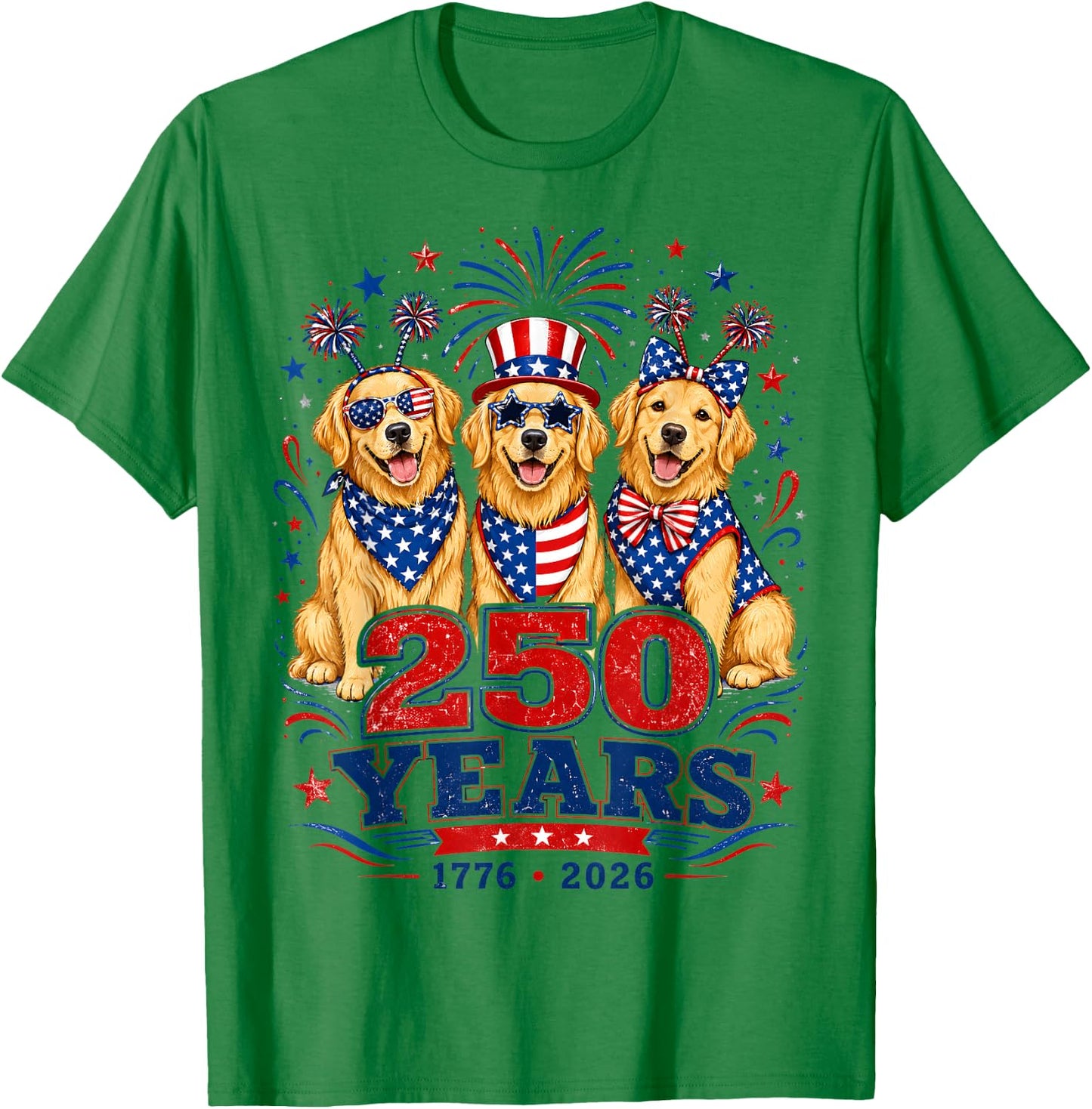 250 Years 1776 2026 Golden Retriever Patriotic Dog 4th July T-Shirt - T-Shirt | Irish Green