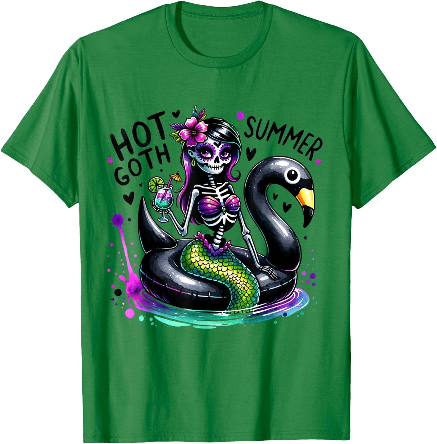 Goth Ghoul Summer Mermaid Skeleton Summerween Pool Party T-Shirt - T-Shirt | Irish Green