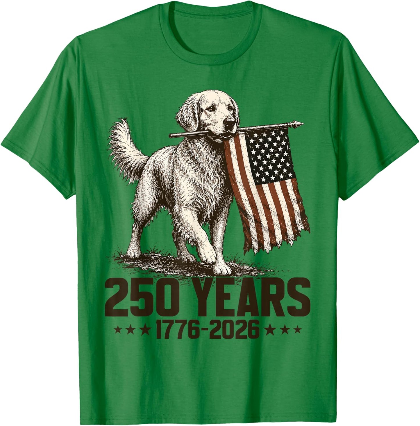 250 American Years 1776 2026 Golden Retriever Dog US Flag T-Shirt - T-Shirt | Irish Green