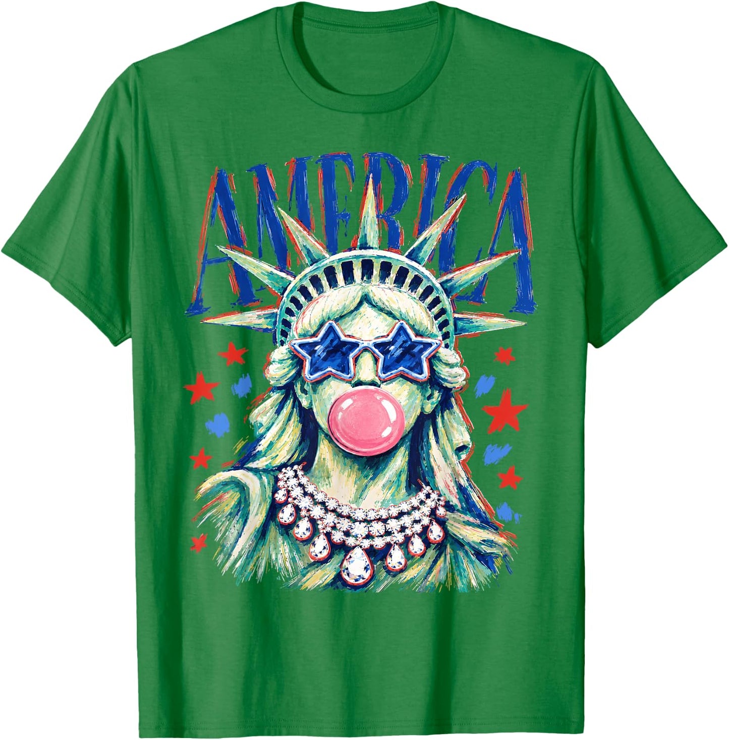Brushstroke Statue of Liberty Blowing Bubble Gum 4th of July T-Shirt - T-Shirt | Irish Green