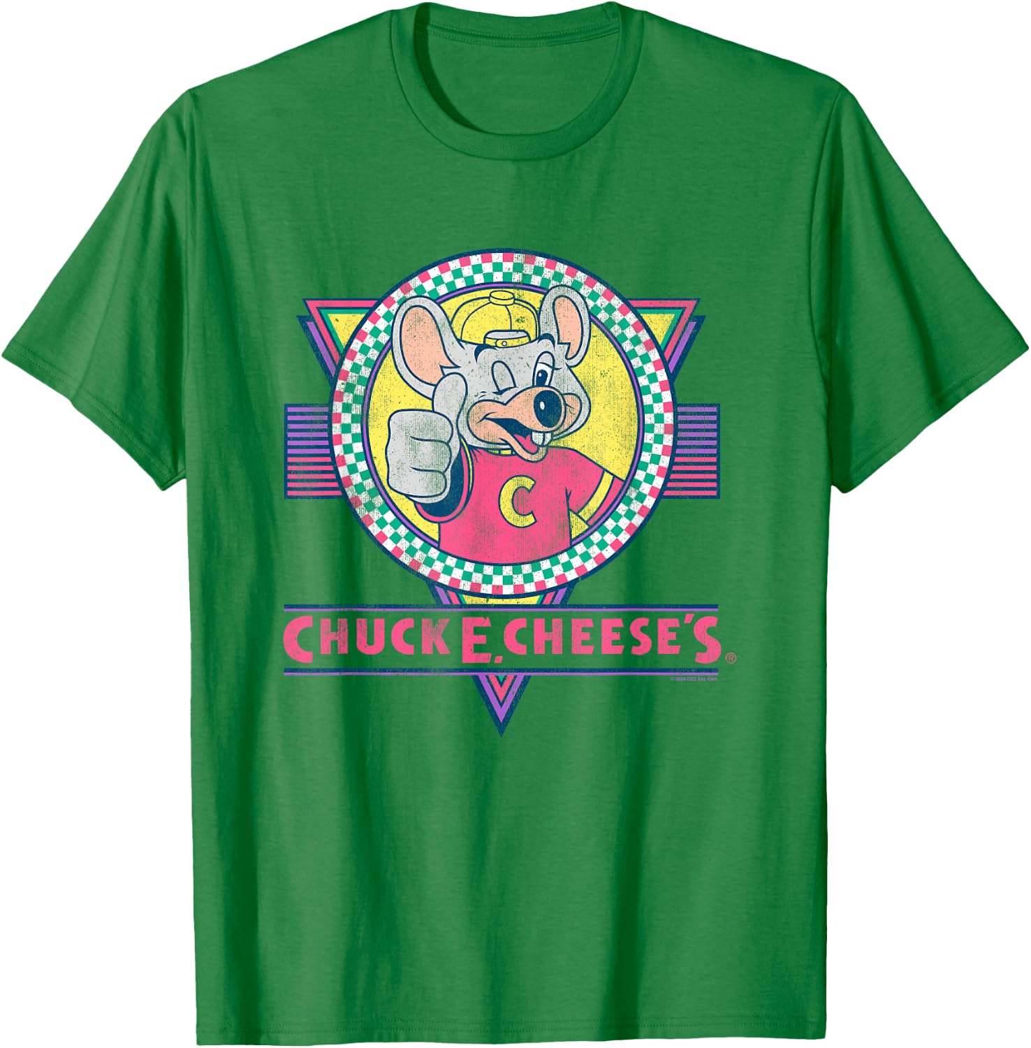 Chuck E. Cheese Winking Thumbs Up Logo Distressed , white, S T-Shirt - T-Shirt | Irish Green