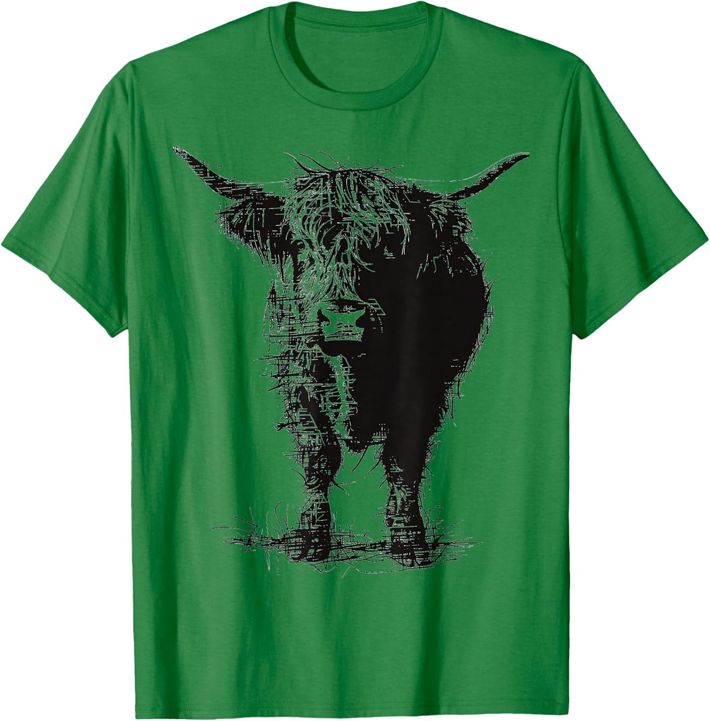 Highland Cow Motif Abstract Drawing Animal Art Highland Cow T-Shirt - T-Shirt | Irish Green