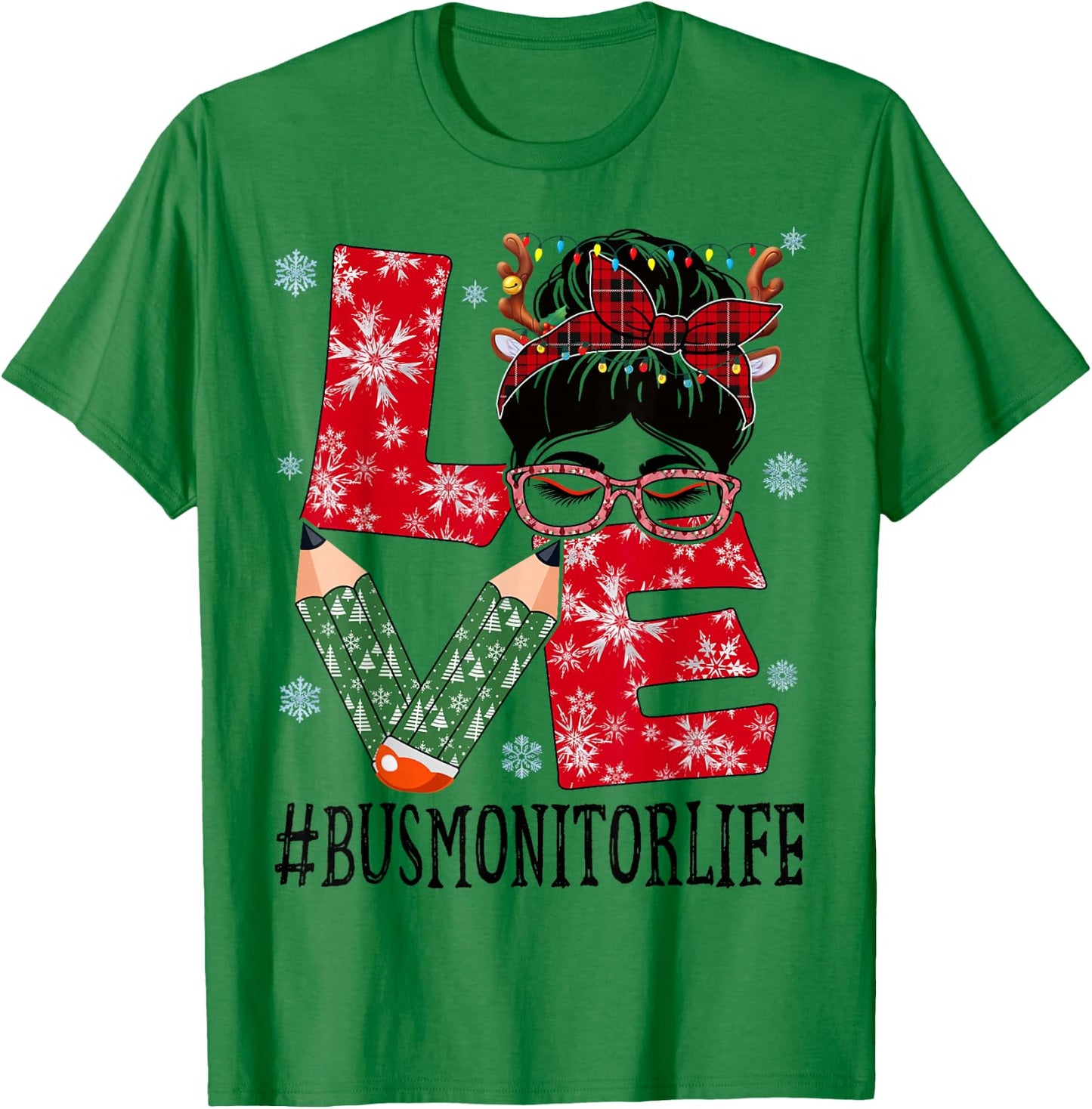 Bus Monitor Love Christmas Messy Bun Reindeer Buffalo Xmas T-Shirt - T-Shirt | Irish Green