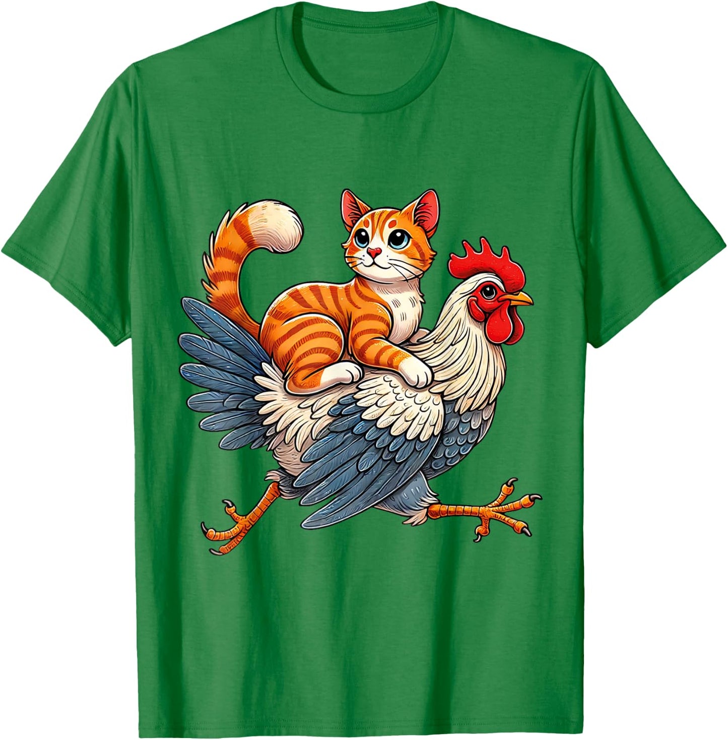 Funny Cat Riding a Chicken Whimsical Cat and Chicken Duo T-Shirt - T-Shirt | Irish Green